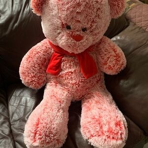 Huge Plush Pink Teddy Bear with Red Scarf